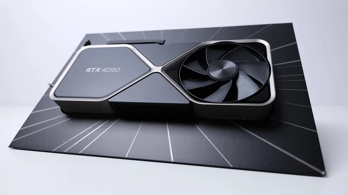 NVIDIA GeForce RTX 4090 Founders Edition resting on its retail packaging
