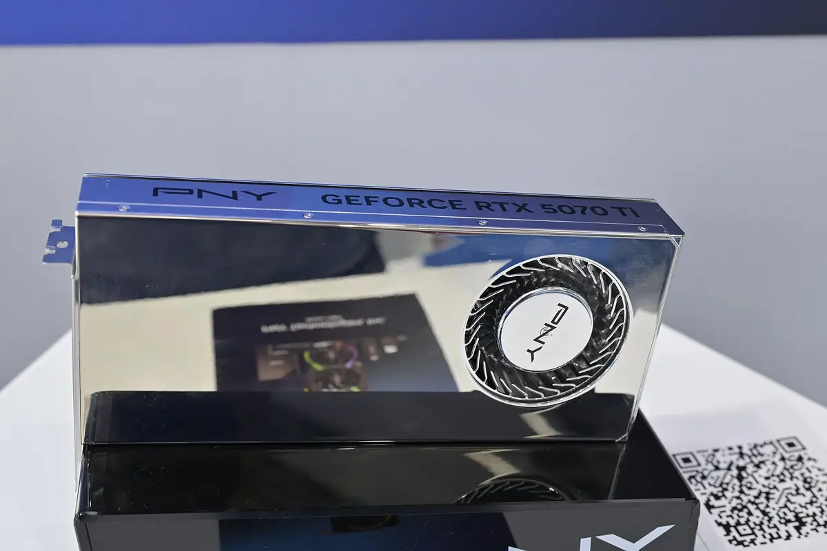PNY GeForce RTX 5070 Ti with a mirror-finish shroud and a single blower fan