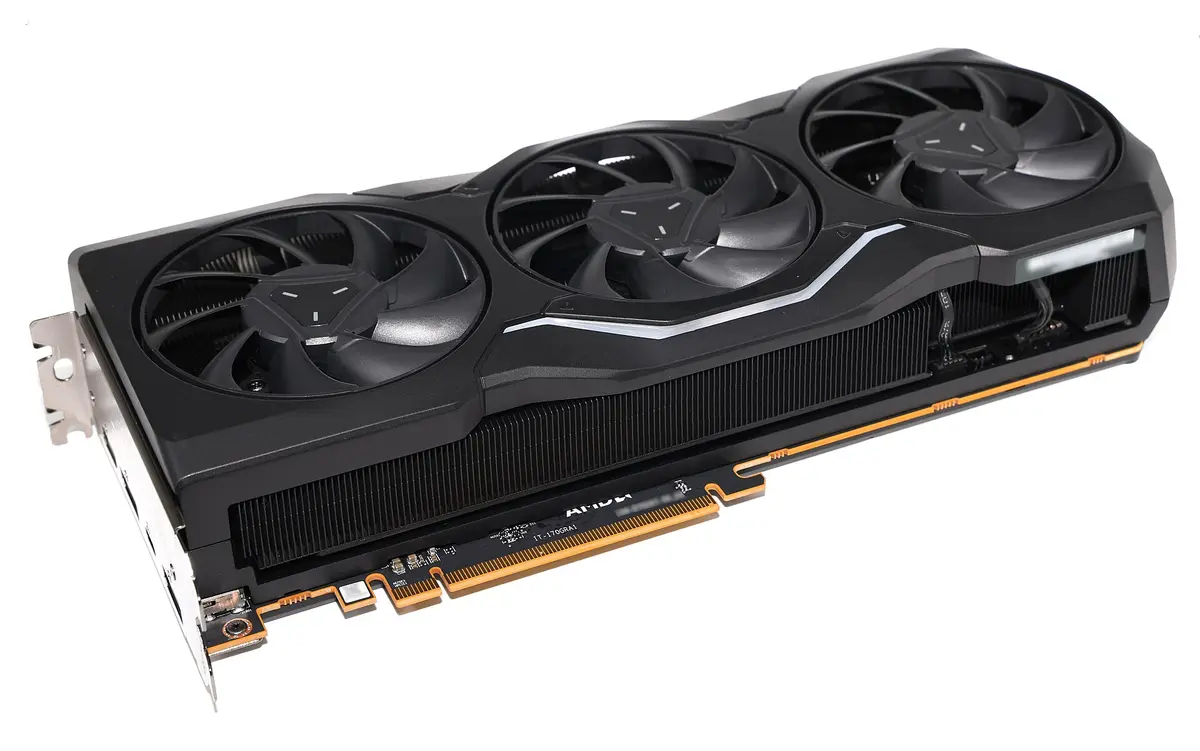Sapphire AMD Radeon RX 7900 XTX, a triple-fan graphics card seen from above